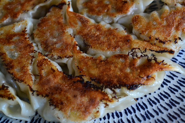 pan fried gyoza on a serving dish